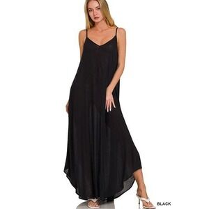 Womens Black V-Neck Spaghetti Strap High-Low Maxi Dress with Pockets